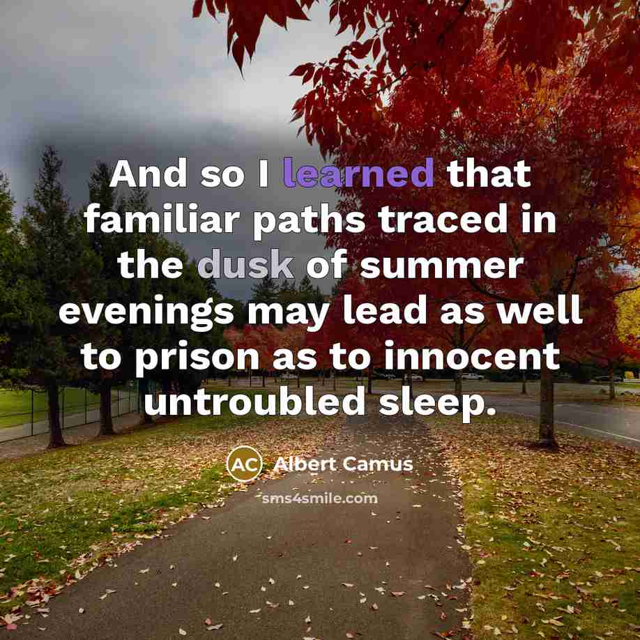“And so I learned that familiar paths traced in the dusk of summer evenings may lead as well to prison as to innocent untroubled sleep.” quote by Albert Camus