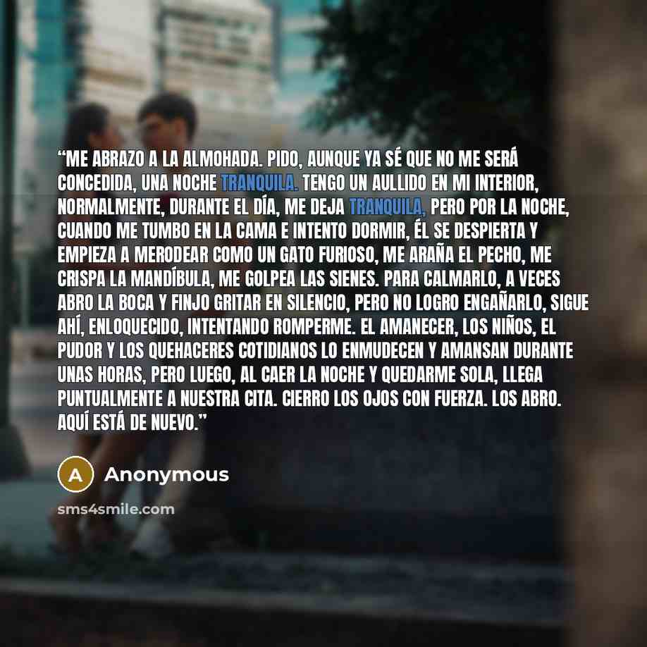 “Me abrazo a la almohada. Pido, aunque ya sé que no me será concedida, una noche tranquila. Tengo un aullido en mi interior, normalmente, durante el día, me deja tranquila, pero por la noche, cuando me tumbo en la cama e intento dormir, él se despierta y empieza a merodear como un gato furioso, me…” quote by Anonymous