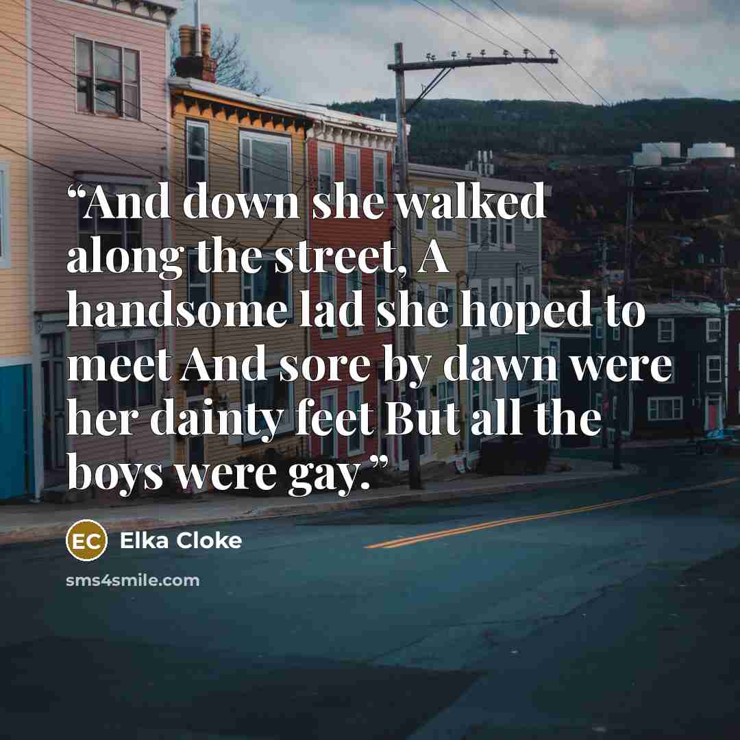 “And down she walked along the street, A handsome lad she hoped to meet And sore by dawn were her dainty feet But all the boys were gay.” quote by Elka Cloke