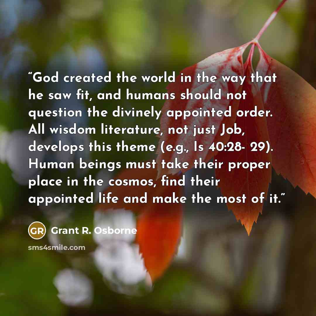“God created the world in the way that he saw fit, and humans should not question the divinely appointed order. All wisdom literature, not just Job, develops this theme (e.g., Is 40:28- 29). Human beings must take their proper place in the cosmos, find their appointed life and make the most of it.” quote by Grant R. Osborne