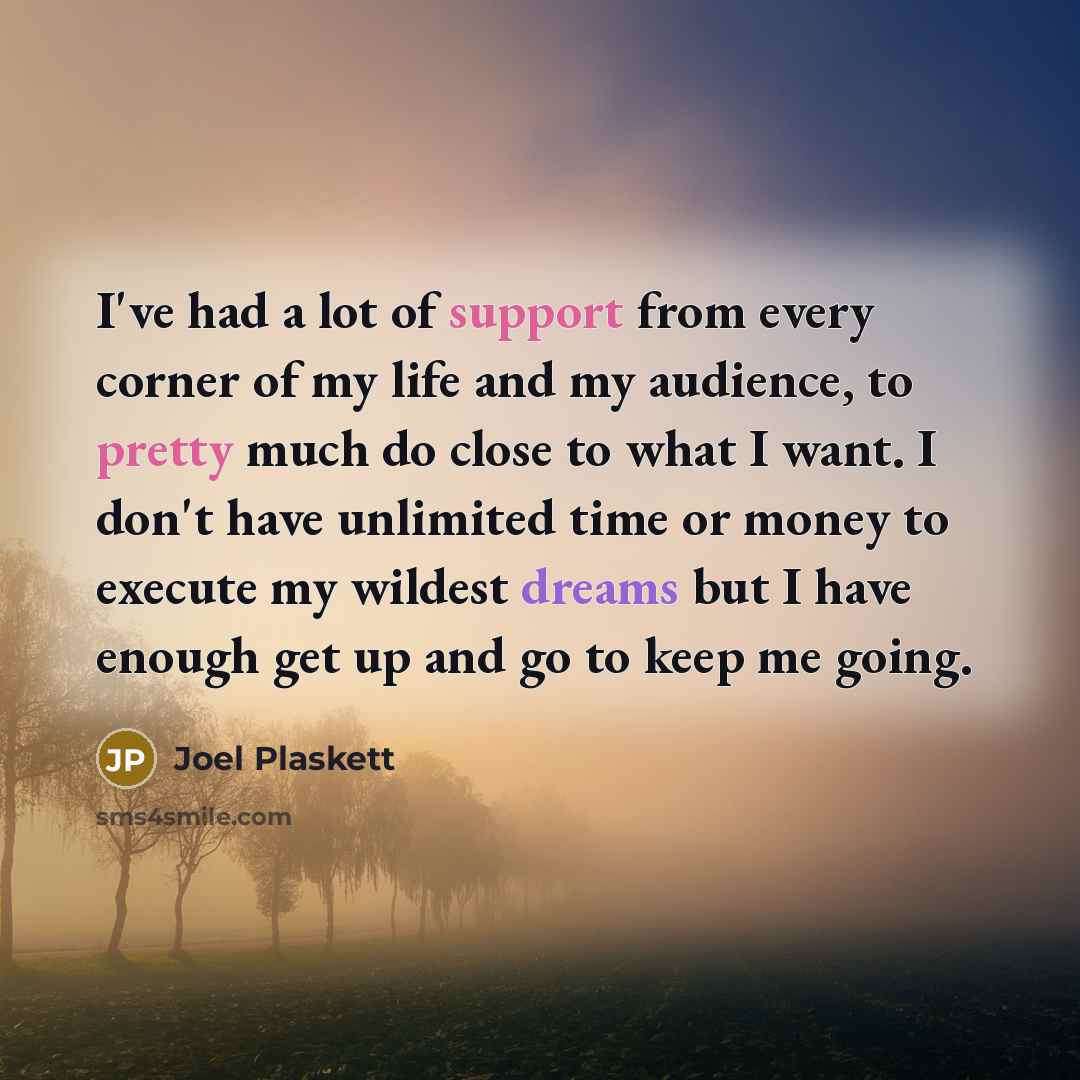 “I've had a lot of support from every corner of my life and my audience, to pretty much do close to what I want. I don't have unlimited time or money to execute my wildest dreams but I have enough get up and go to keep me going.” quote by Joel Plaskett
