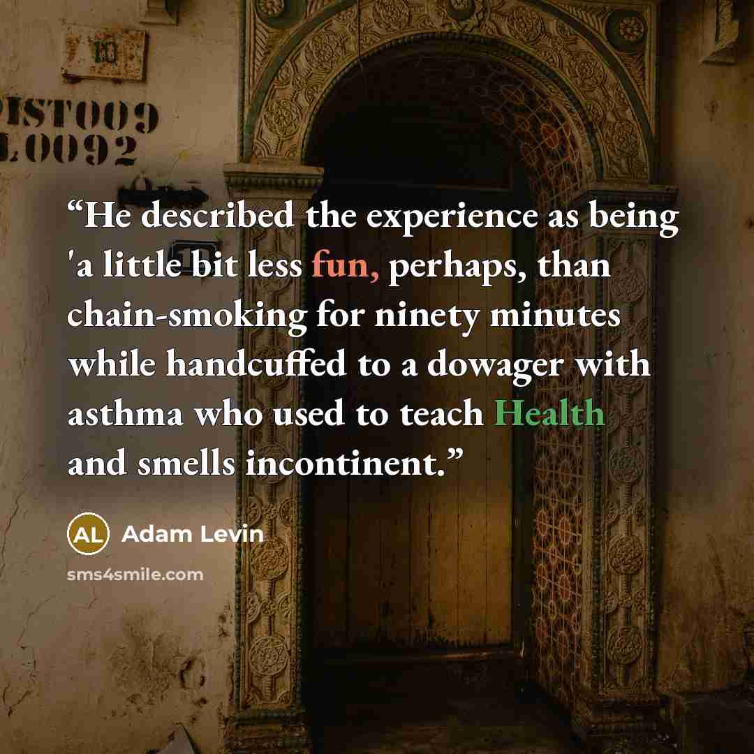 “He described the experience as being 'a little bit less fun, perhaps, than chain-smoking for ninety minutes while handcuffed to a dowager with asthma who used to teach Health and smells incontinent.” quote by Adam Levin