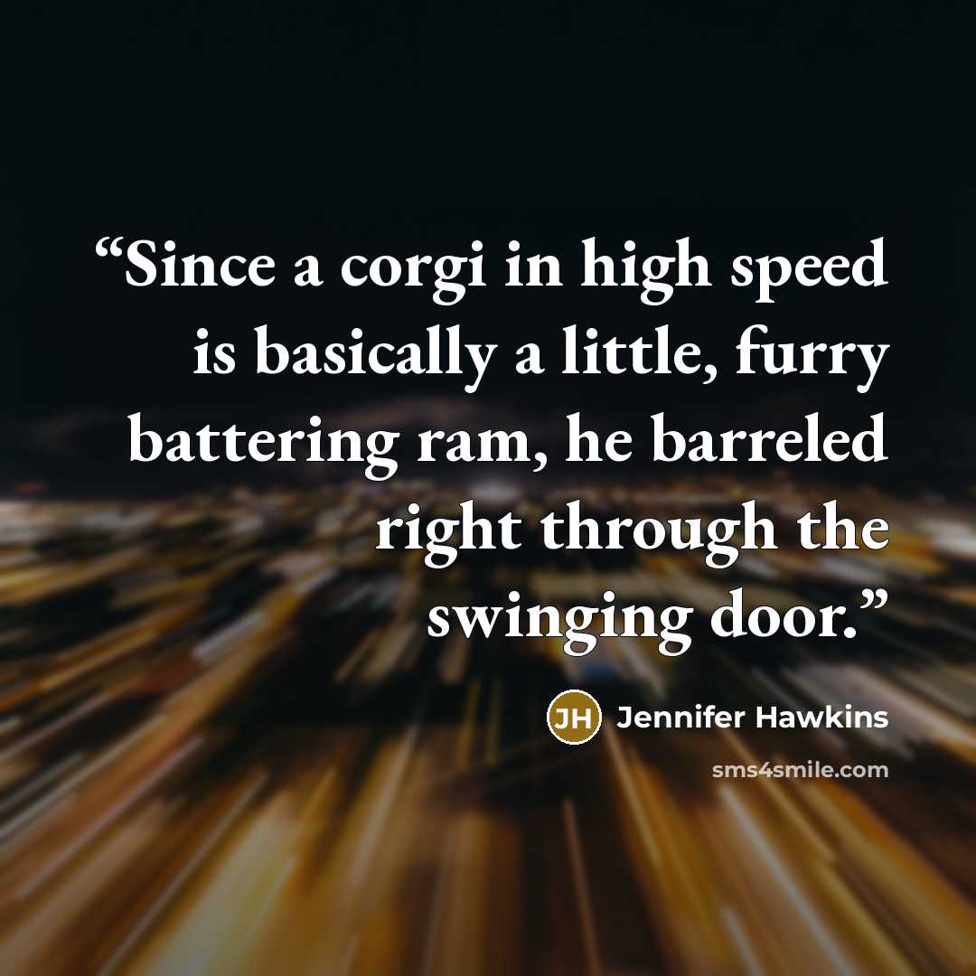 “Since a corgi in high speed is basically a little, furry battering ram, he barreled right through the swinging door.” quote by Jennifer Hawkins