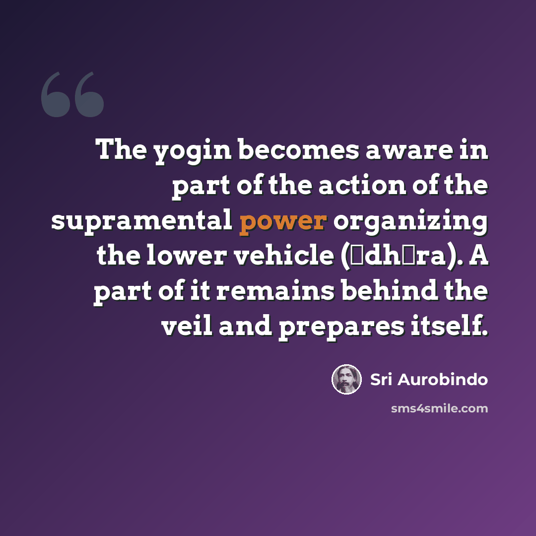 “The yogin becomes aware in part of the action of the supramental power organizing the lower vehicle (ādhāra). A part of it remains behind the veil and prepares itself.” quote by Sri Aurobindo