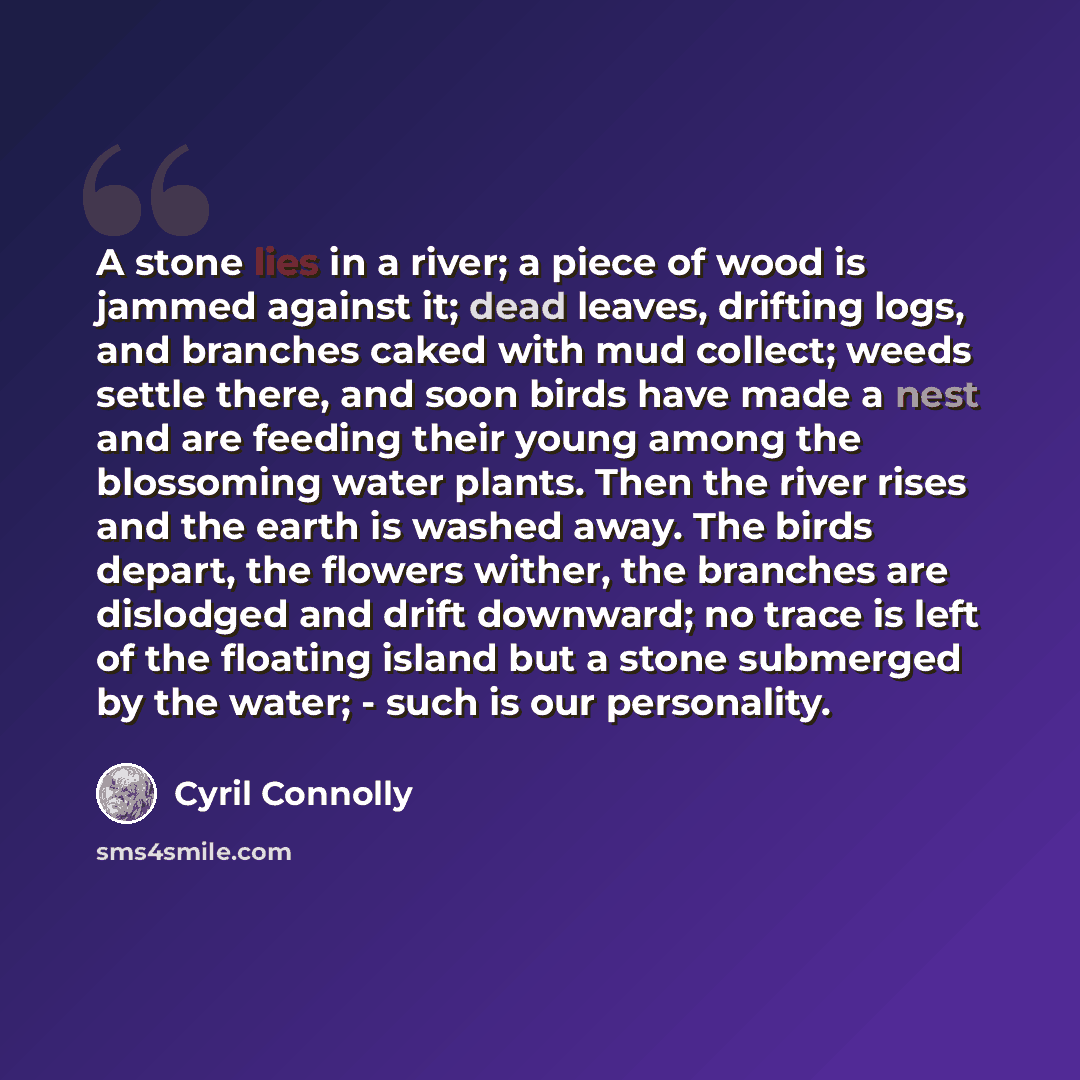 “A stone lies in a river; a piece of wood is jammed against it; dead leaves, drifting logs, and branches caked with mud collect; weeds settle there, and soon birds have made a nest and are feeding their young among the blossoming water plants. Then the river rises and the earth is washed away. The…” quote by Cyril Connolly