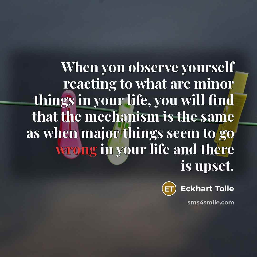 “When you observe yourself reacting to what are minor things in your life, you will find that the mechanism is the same as when major things seem to go wrong in your life and there is upset.” quote by Eckhart Tolle