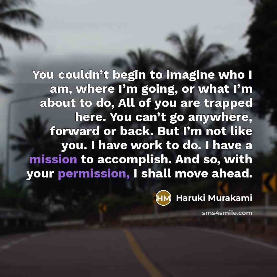 “You couldn’t begin to imagine who I am, where I’m going, or what I’m about to do, All of you are trapped here. You can’t go anywhere, forward or back. But I’m not like you. I have work to do. I have a mission to accomplish. And so, with your permission, I shall move ahead.” quote by Haruki Murakami