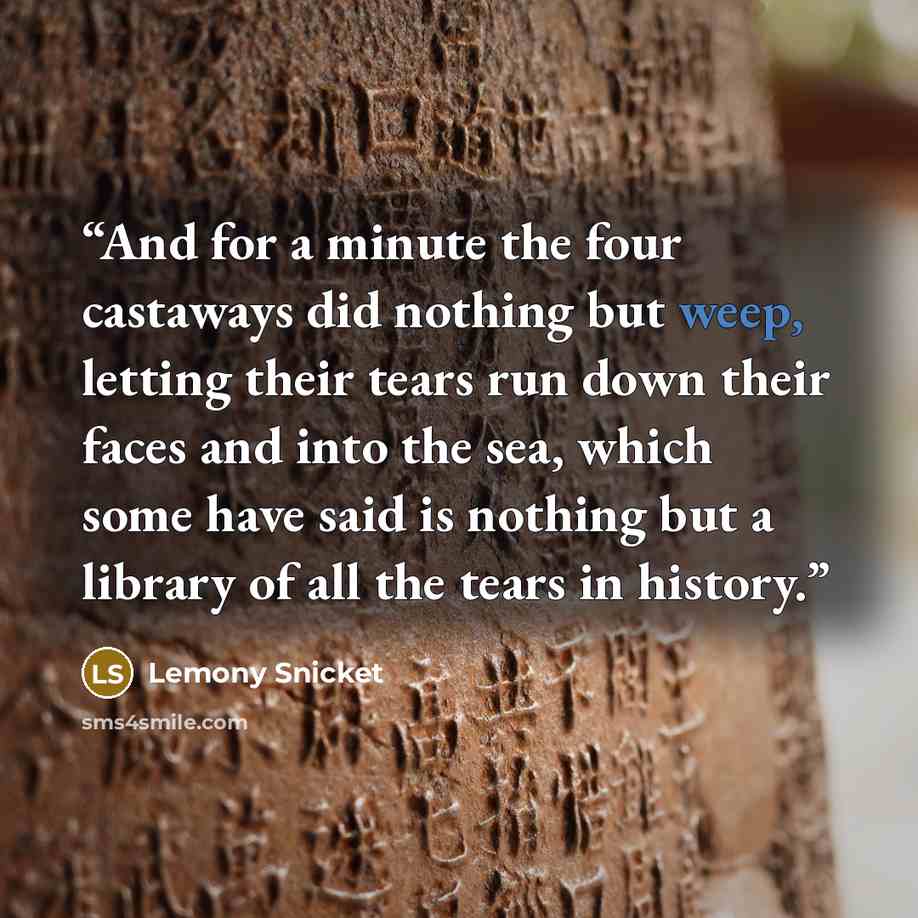 “And for a minute the four castaways did nothing but weep, letting their tears run down their faces and into the sea, which some have said is nothing but a library of all the tears in history.” quote by Lemony Snicket