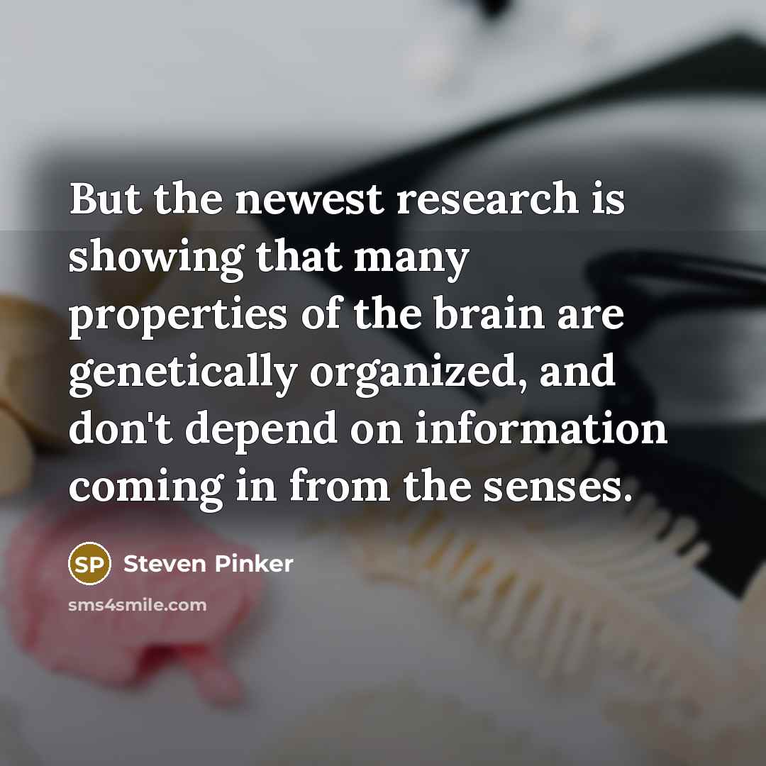 “But the newest research is showing that many properties of the brain are genetically organized, and don't depend on information coming in from the senses.” quote by Steven Pinker