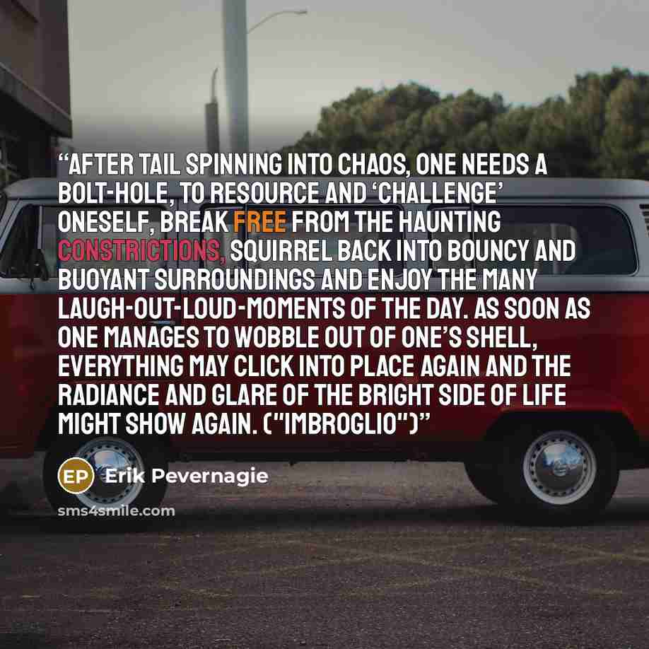 “After tail spinning into chaos, one needs a bolt-hole, to resource and ‘challenge’ oneself, break free from the haunting constrictions, squirrel back into bouncy and buoyant surroundings and enjoy the many laugh-out-loud-moments of the day. As soon as one manages to wobble out of one’s shell…” quote by Erik Pevernagie