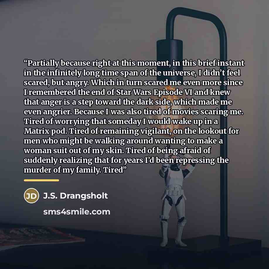 “Partially because right at this moment, in this brief instant in the infinitely long time span of the universe, I didn’t feel scared, but angry. Which in turn scared me even more since I remembered the end of Star Wars Episode VI and knew that anger is a step toward the dark side, which made me…” quote by J.S. Drangsholt
