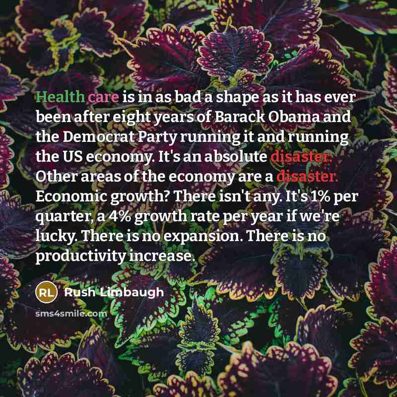 “Health care is in as bad a shape as it has ever been after eight years of Barack Obama and the Democrat Party running it and running the US economy. It's an absolute disaster. Other areas of the economy are a disaster. Economic growth? There isn't any. It's 1% per quarter, a 4% growth rate per…” quote by Rush Limbaugh