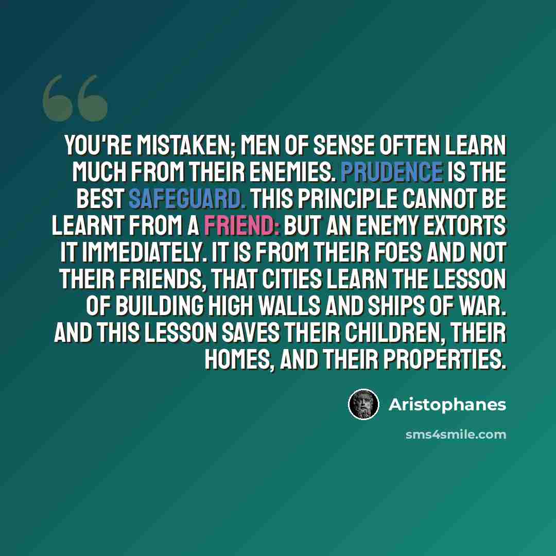 “You're mistaken; men of sense often learn much from their enemies. Prudence is the best safeguard. This principle cannot be learnt from a friend: but an enemy extorts it immediately. It is from their foes and not their friends, that cities learn the lesson of building high walls and ships of war…” quote by Aristophanes