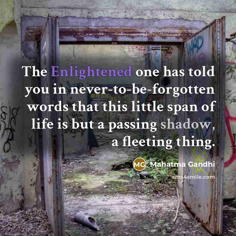 “The Enlightened one has told you in never-to-be-forgotten words that this little span of life is but a passing shadow, a fleeting thing.” quote by Mahatma Gandhi