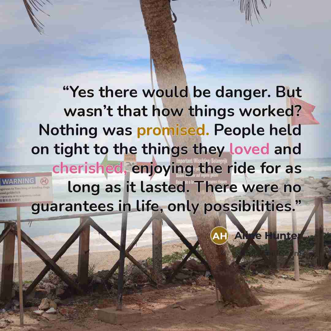 “Yes there would be danger. But wasn’t that how things worked? Nothing was promised. People held on tight to the things they loved and cherished, enjoying the ride for as long as it lasted. There were no guarantees in life, only possibilities.” quote by Aline Hunter