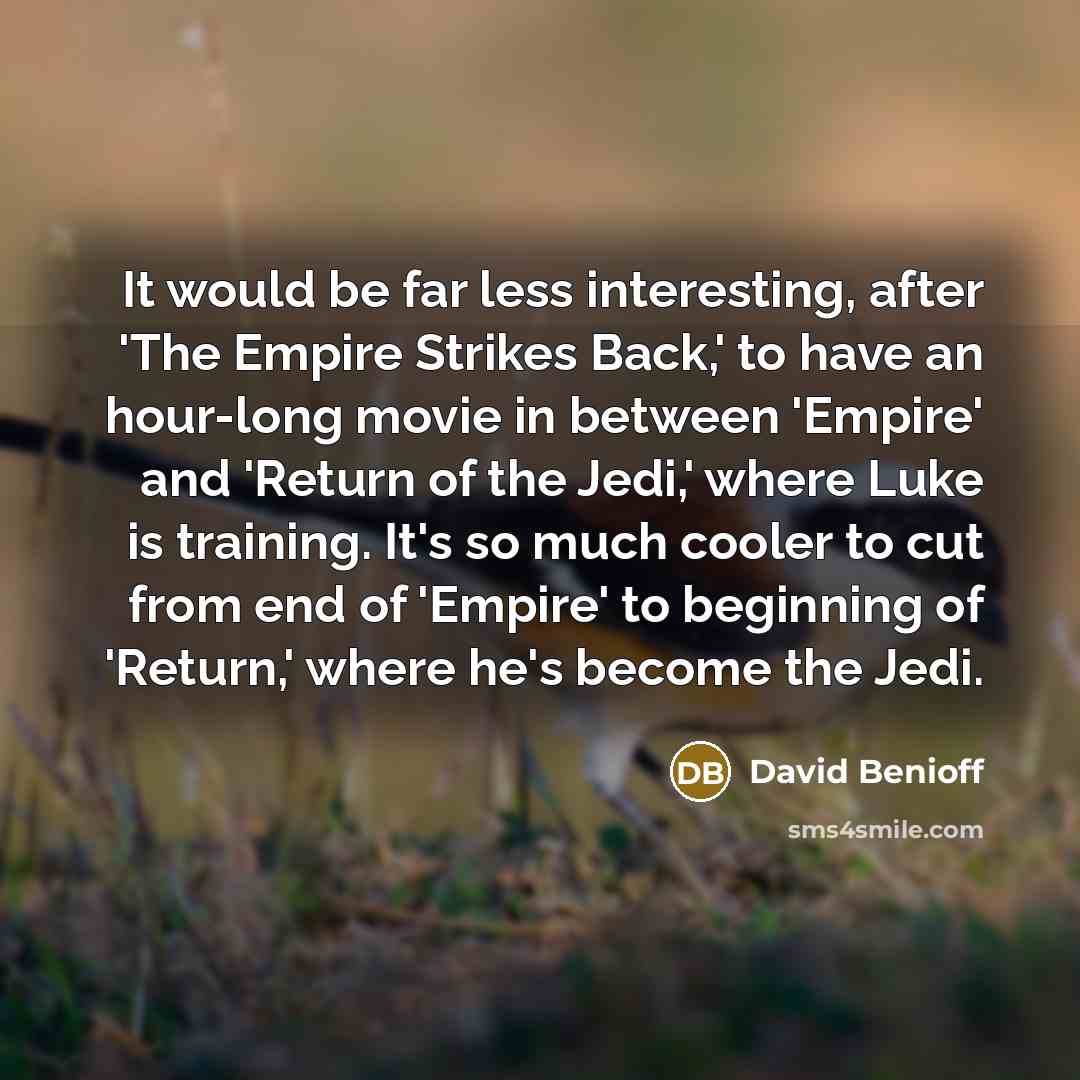 “It would be far less interesting, after 'The Empire Strikes Back,' to have an hour-long movie in between 'Empire' and 'Return of the Jedi,' where Luke is training. It's so much cooler to cut from end of 'Empire' to beginning of 'Return,' where he's become the Jedi.” quote by David Benioff