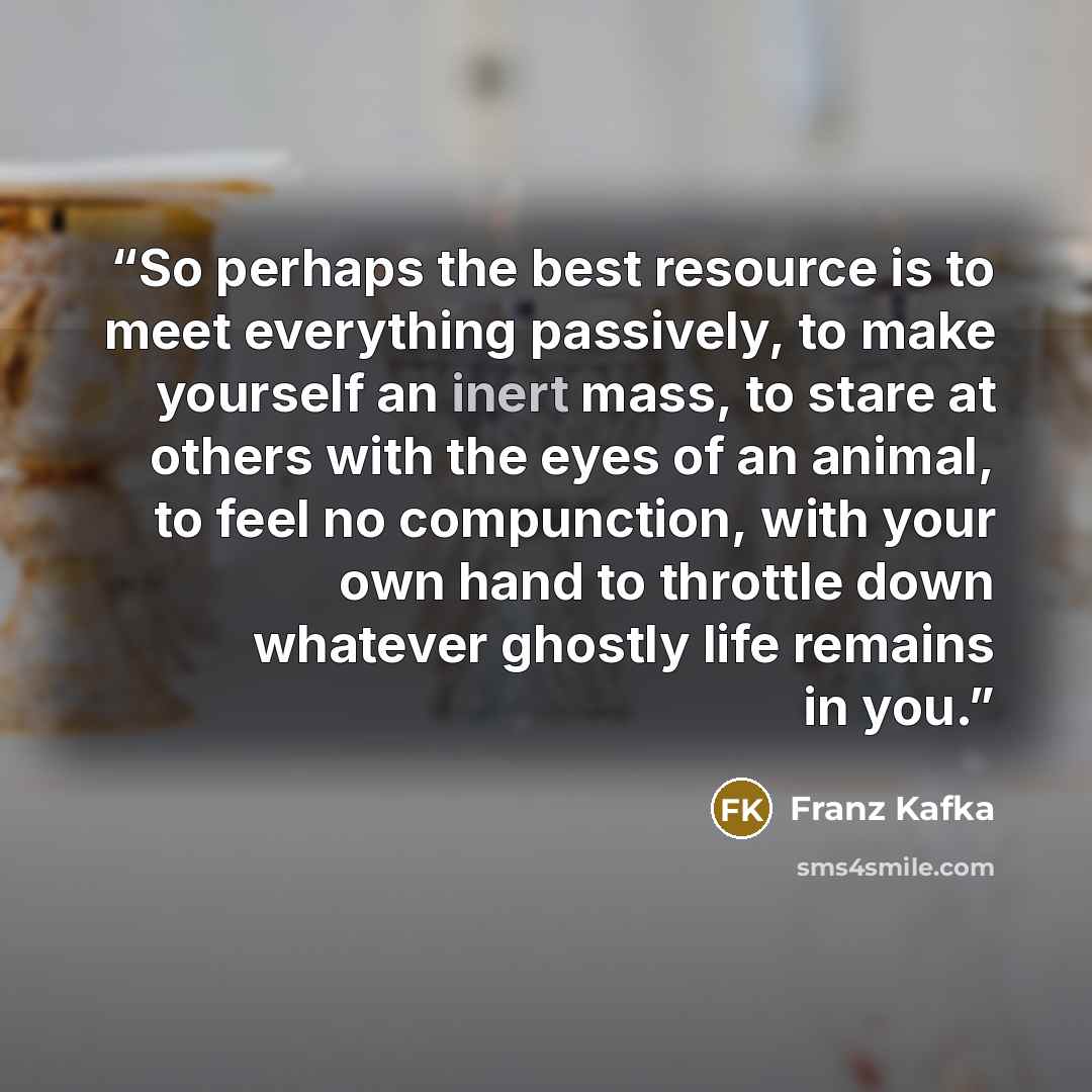 “So perhaps the best resource is to meet everything passively, to make yourself an inert mass, to stare at others with the eyes of an animal, to feel no compunction, with your own hand to throttle down whatever ghostly life remains in you.” quote by Franz Kafka