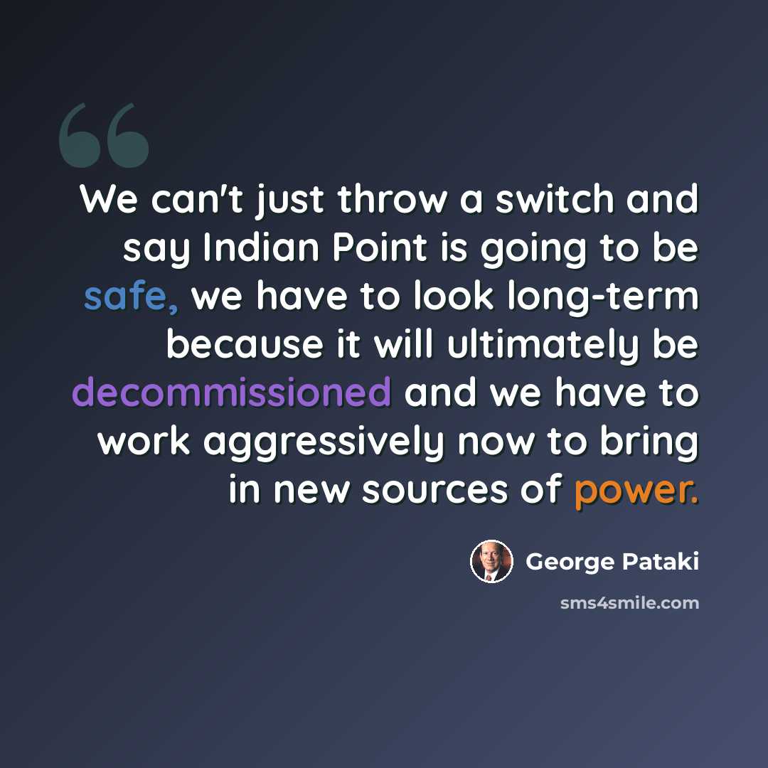 “We can't just throw a switch and say Indian Point is going to be safe, we have to look long-term because it will ultimately be decommissioned and we have to work aggressively now to bring in new sources of power.” quote by George Pataki