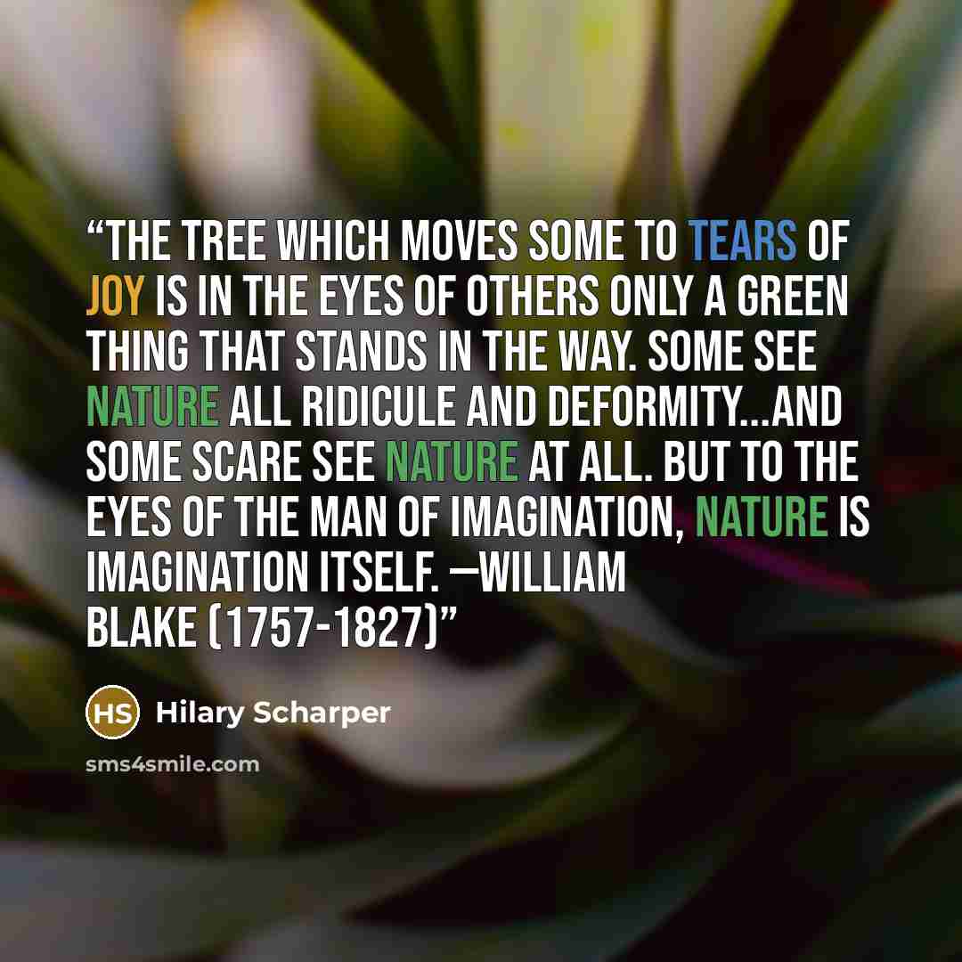 “The tree which moves some to tears of joy is in the eyes of others only a green thing that stands in the way. Some see nature all ridicule and deformity...and some scare see nature at all. But to the eyes of the man of imagination, nature is imagination itself. —William Blake (1757-1827)” quote by Hilary Scharper