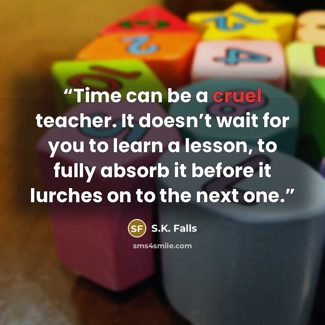 “Time can be a cruel teacher. It doesn’t wait for you to learn a lesson, to fully absorb it before it lurches on to the next one.” quote by S.K. Falls