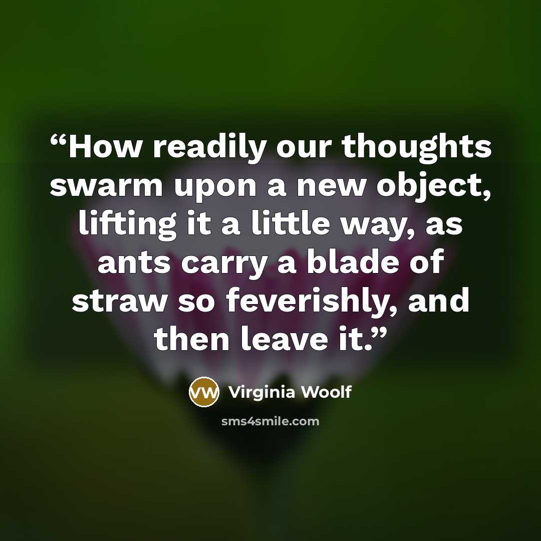 “How readily our thoughts swarm upon a new object, lifting it a little way, as ants carry a blade of straw so feverishly, and then leave it.” quote by Virginia Woolf