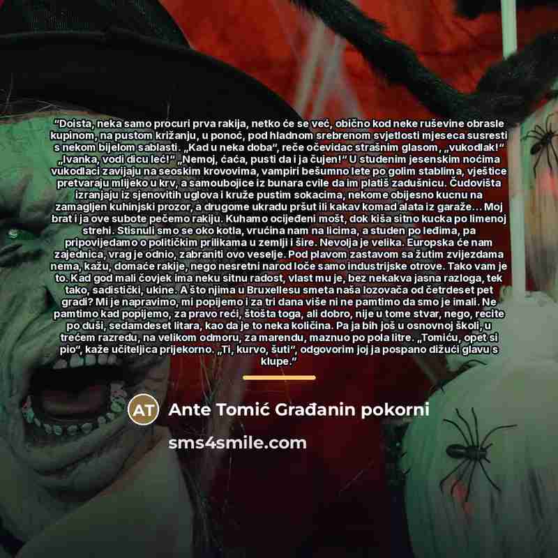 “Doista, neka samo procuri prva rakija, netko će se već, obično kod neke ruševine obrasle kupinom, na pustom križanju, u ponoć, pod hladnom srebrenom svjetlosti mjeseca susresti s nekom bijelom sablasti. „Kad u neka doba“, reče očevidac strašnim glasom, „vukodlak!“ „Ivanka, vodi dicu leć!“ „Nemoj…” quote by Ante Tomić Građanin pokorni