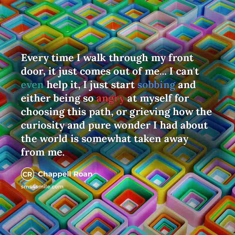 “Every time I walk through my front door, it just comes out of me... I can't even help it, I just start sobbing and either being so angry at myself for choosing this path, or grieving how the curiosity and pure wonder I had about the world is somewhat taken away from me.” quote by Chappell Roan