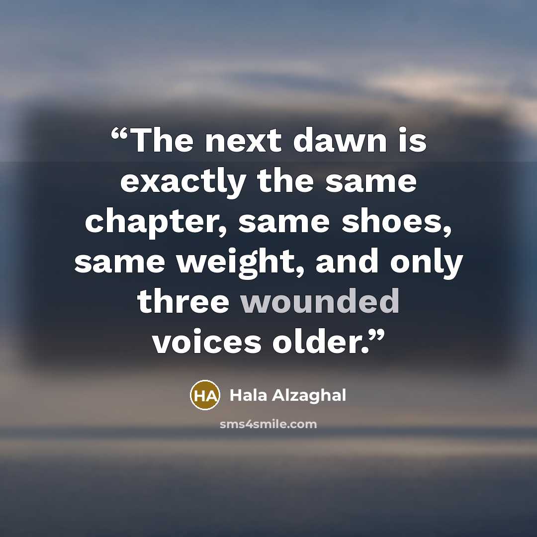 “The next dawn is exactly the same chapter, same shoes, same weight, and only three wounded voices older.” quote by Hala Alzaghal