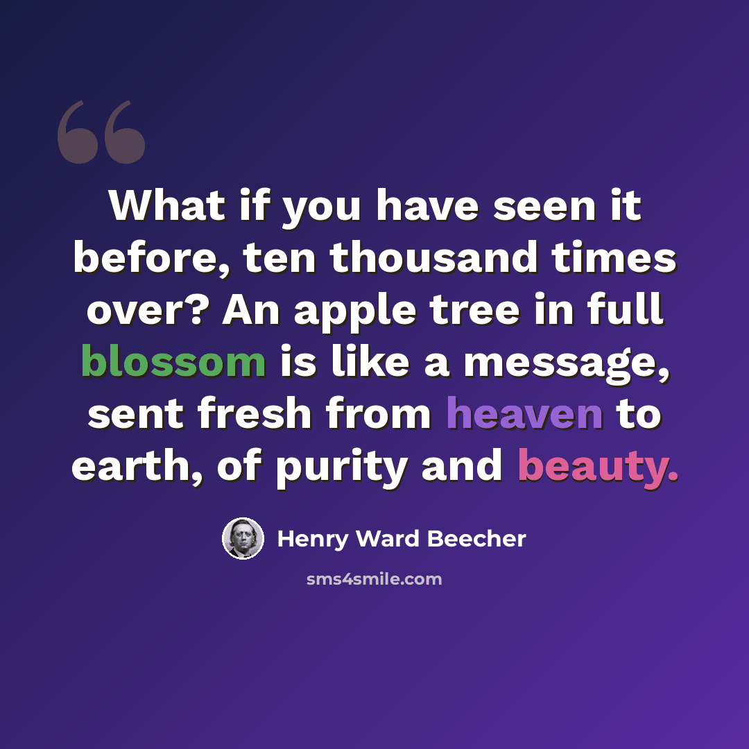 “What if you have seen it before, ten thousand times over? An apple tree in full blossom is like a message, sent fresh from heaven to earth, of purity and beauty.” quote by Henry Ward Beecher