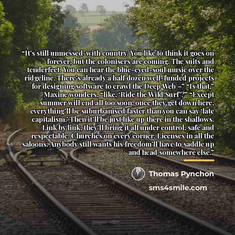 “It’s still unmessed-with country. You like to think it goes on forever, but the colonisers are coming. The suits and tenderfeet. You can hear the blue-eyed-soul music over the ridgeline. There’s already a half dozen well-funded projects for designing software to crawl the Deep Web –” “Is that,”…” quote by Thomas Pynchon