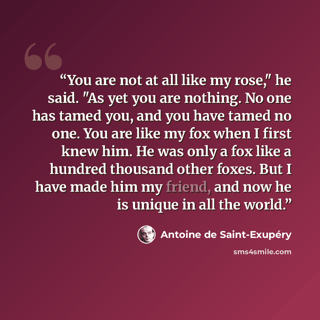 “You are not at all like my rose," he said. "As yet you are nothing. No one has tamed you, and you have tamed no one. You are like my fox when I first knew him. He was only a fox like a hundred thousand other foxes. But I have made him my friend, and now he is unique in all the world.” quote by Antoine de Saint-Exupéry