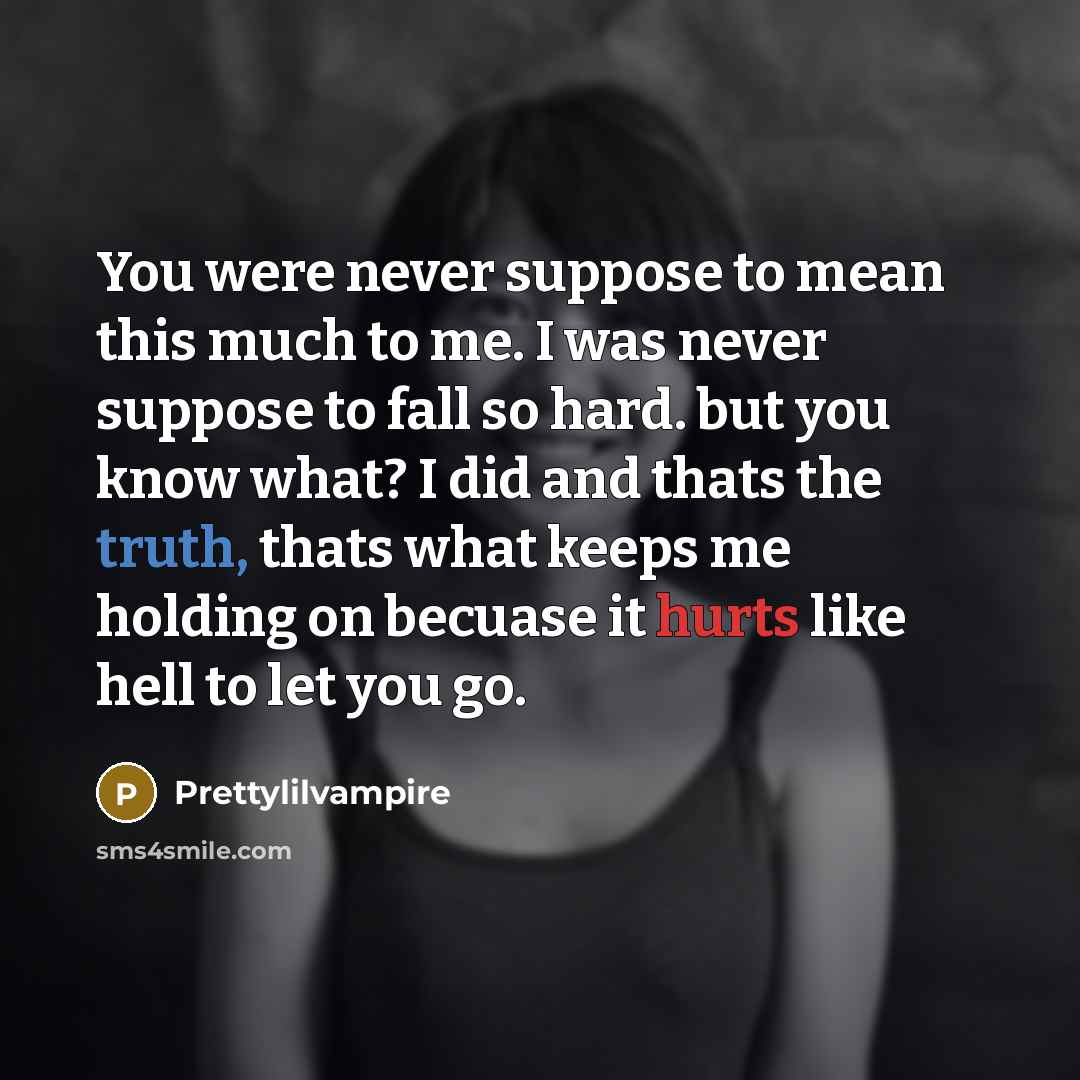 “You were never suppose to mean this much to me. I was never suppose to fall so hard. but you know what? I did and thats the truth, thats what keeps me holding on becuase it hurts like hell to let you go.” quote by Prettylilvampire