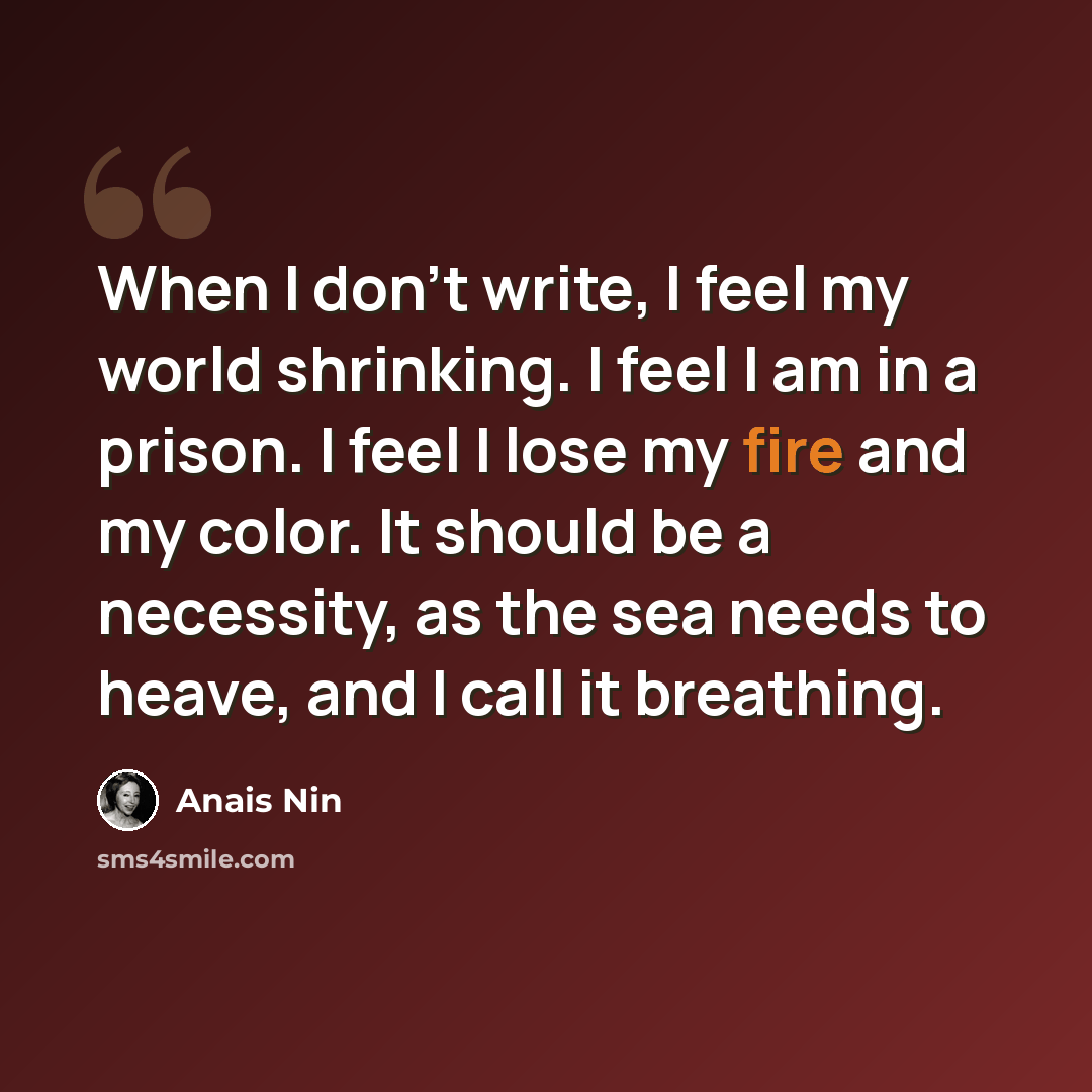 “When I don't write, I feel my world shrinking. I feel I am in a prison. I feel I lose my fire and my color. It should be a necessity, as the sea needs to heave, and I call it breathing.” quote by Anais Nin