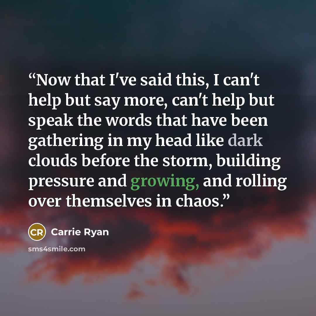 “Now that I've said this, I can't help but say more, can't help but speak the words that have been gathering in my head like dark clouds before the storm, building pressure and growing, and rolling over themselves in chaos.” quote by Carrie Ryan