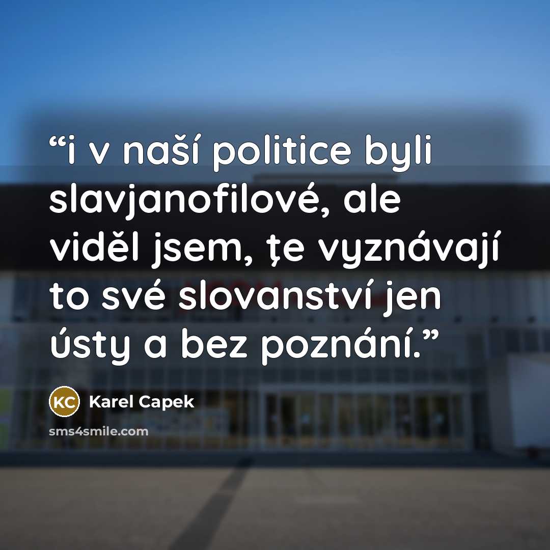 “i v naší politice byli slavjanofilové, ale viděl jsem, ţe vyznávají to své slovanství jen ústy a bez poznání.” quote by Karel Čapek