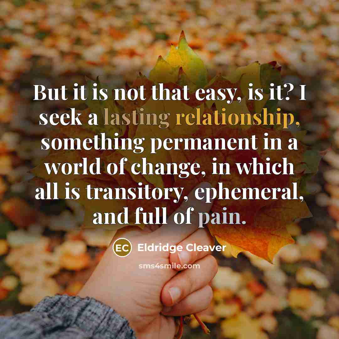 “But it is not that easy, is it? I seek a lasting relationship, something permanent in a world of change, in which all is transitory, ephemeral, and full of pain.” quote by Eldridge Cleaver