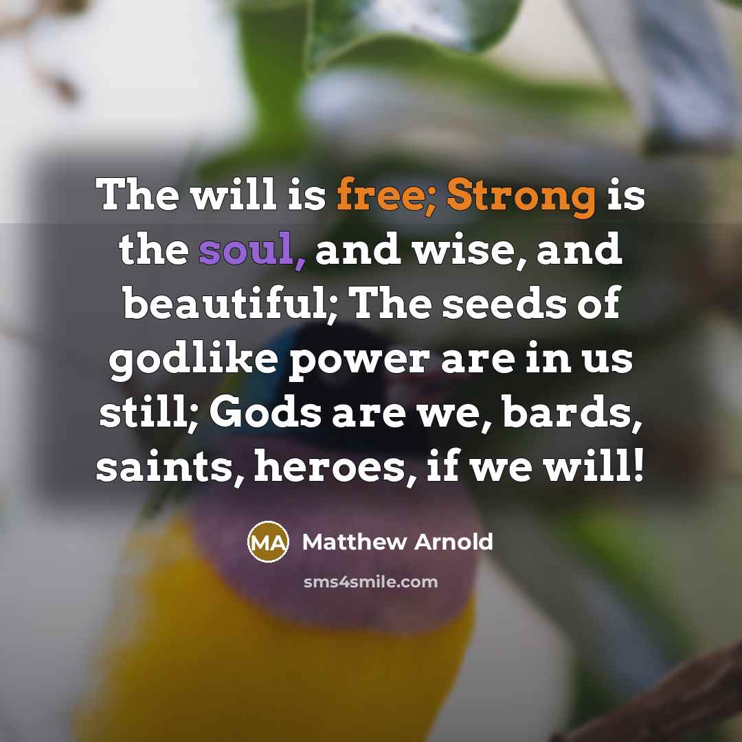 “The will is free; Strong is the soul, and wise, and beautiful; The seeds of godlike power are in us still; Gods are we, bards, saints, heroes, if we will!” quote by Matthew Arnold