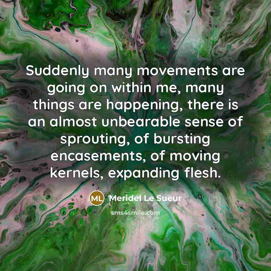 “Suddenly many movements are going on within me, many things are happening, there is an almost unbearable sense of sprouting, of bursting encasements, of moving kernels, expanding flesh.” quote by Meridel Le Sueur