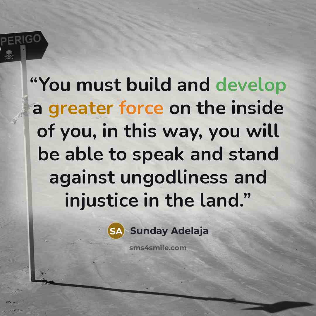 “You must build and develop a greater force on the inside of you, in this way, you will be able to speak and stand against ungodliness and injustice in the land.” quote by Sunday Adelaja