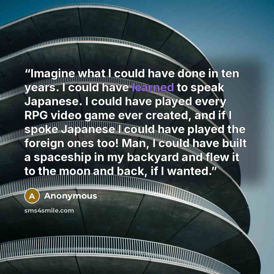 “Imagine what I could have done in ten years. I could have learned to speak Japanese. I could have played every RPG video game ever created, and if I spoke Japanese I could have played the foreign ones too! Man, I could have built a spaceship in my backyard and flew it to the moon and back, if I…” quote by Anonymous