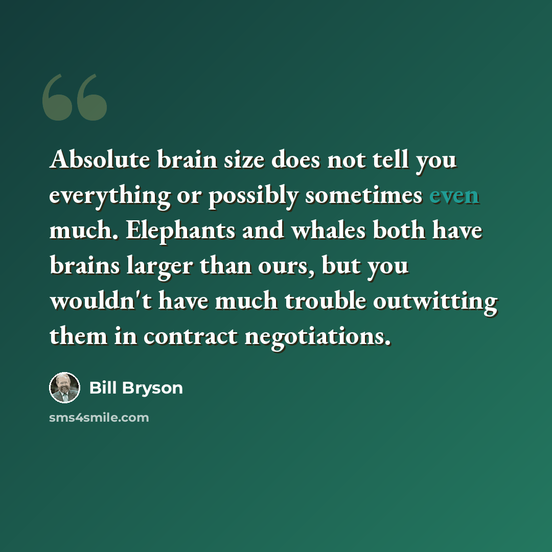 “Absolute brain size does not tell you everything or possibly sometimes even much. Elephants and whales both have brains larger than ours, but you wouldn't have much trouble outwitting them in contract negotiations.” quote by Bill Bryson
