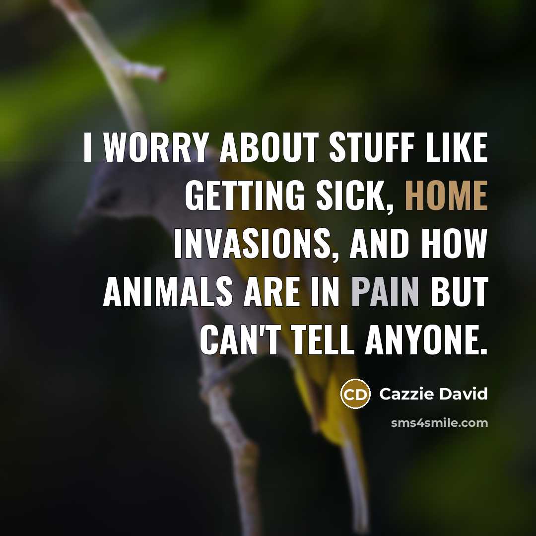 “I worry about stuff like getting sick, home invasions, and how animals are in pain but can't tell anyone.” quote by Cazzie David