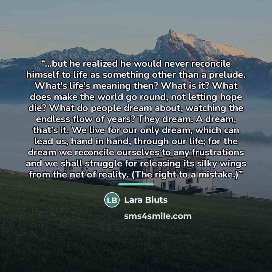 “…but he realized he would never reconcile himself to life as something other than a prelude. What’s life’s meaning then? What is it? What does make the world go round, not letting hope die? What do people dream about, watching the endless flow of years? They dream. A dream, that’s it. We live for…” quote by Lara Biuts