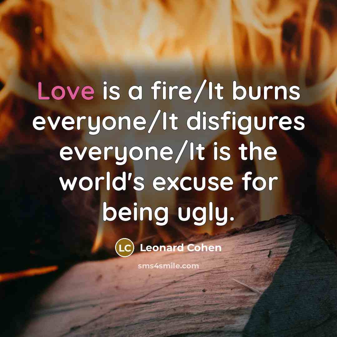 “Love is a fire/It burns everyone/It disfigures everyone/It is the world's excuse for being ugly.” quote by Leonard Cohen