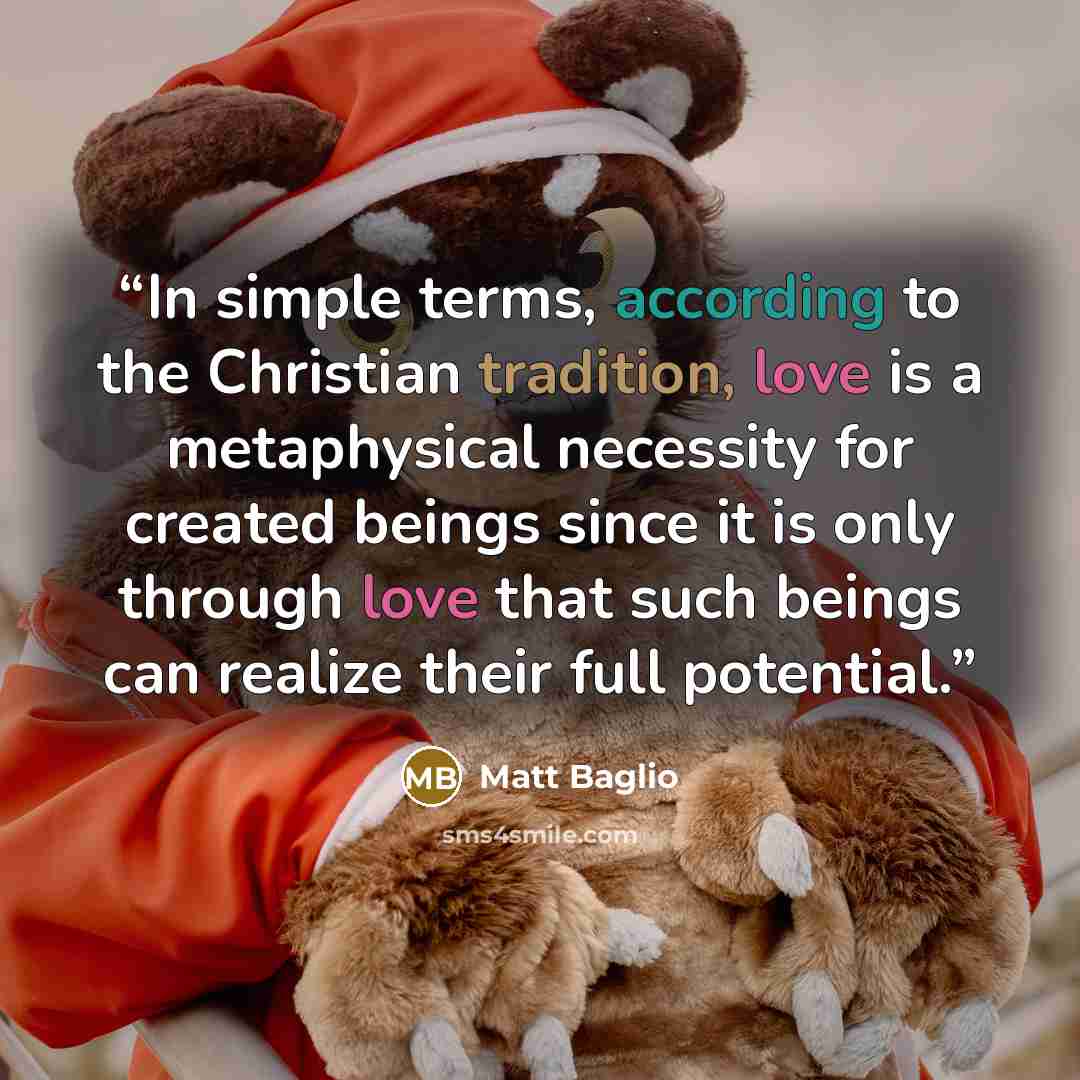 “In simple terms, according to the Christian tradition, love is a metaphysical necessity for created beings since it is only through love that such beings can realize their full potential.” quote by Matt Baglio