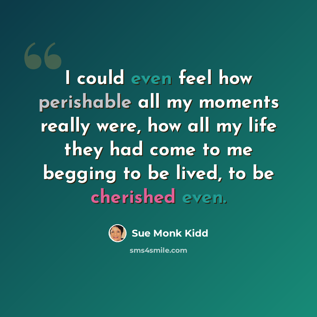 “I could even feel how perishable all my moments really were, how all my life they had come to me begging to be lived, to be cherished even.” quote by Sue Monk Kidd