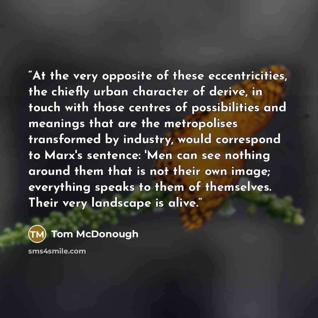 “At the very opposite of these eccentricities, the chiefly urban character of derive, in touch with those centres of possibilities and meanings that are the metropolises transformed by industry, would correspond to Marx's sentence: 'Men can see nothing around them that is not their own image…” quote by Tom McDonough