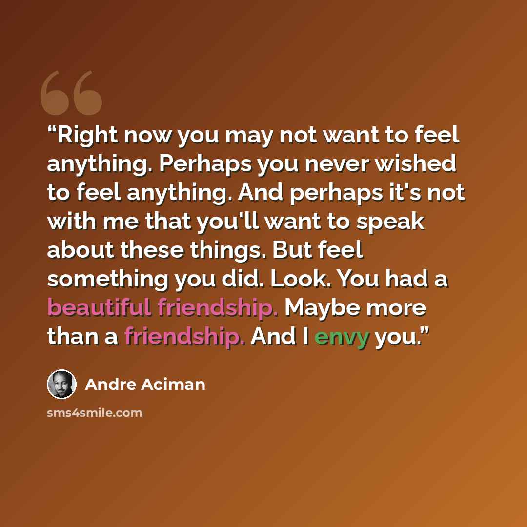 “Right now you may not want to feel anything. Perhaps you never wished to feel anything. And perhaps it's not with me that you'll want to speak about these things. But feel something you did. Look. You had a beautiful friendship. Maybe more than a friendship. And I envy you.” quote by André Aciman