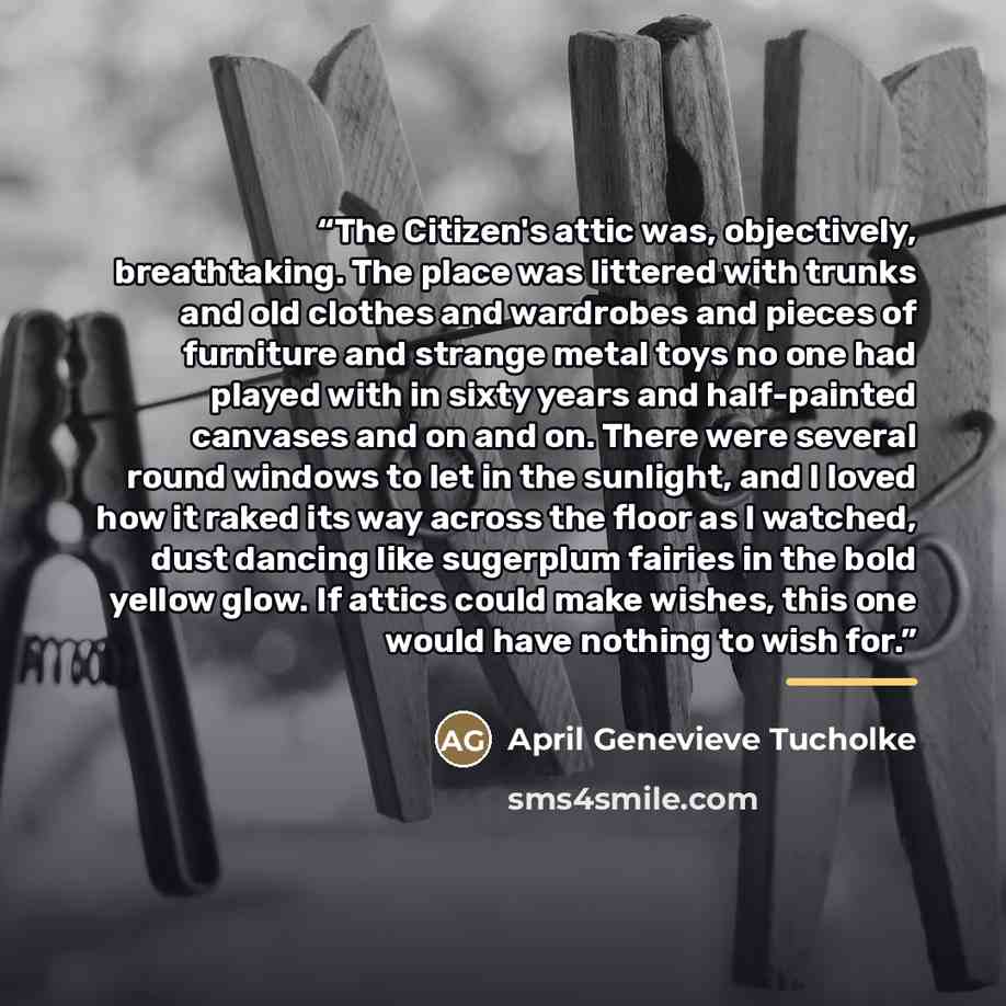 “The Citizen's attic was, objectively, breathtaking. The place was littered with trunks and old clothes and wardrobes and pieces of furniture and strange metal toys no one had played with in sixty years and half-painted canvases and on and on. There were several round windows to let in the…” quote by April Genevieve Tucholke