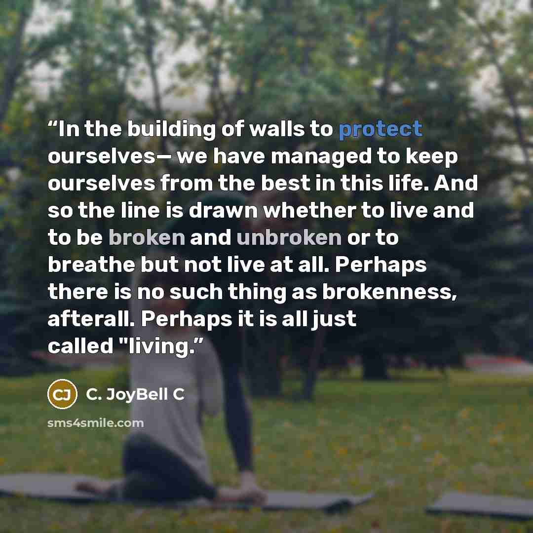 “In the building of walls to protect ourselves— we have managed to keep ourselves from the best in this life. And so the line is drawn whether to live and to be broken and unbroken or to breathe but not live at all. Perhaps there is no such thing as brokenness, afterall. Perhaps it is all just…” quote by C. JoyBell C